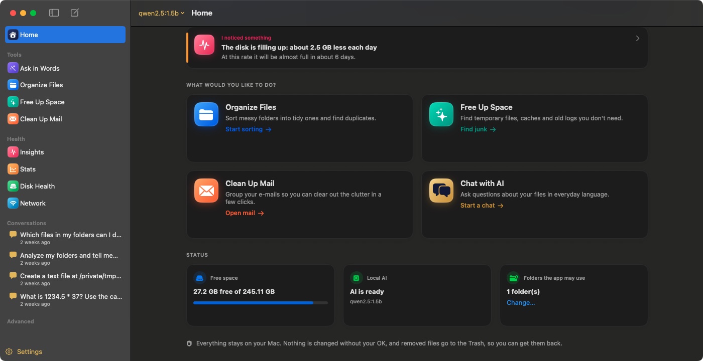 SCleaner for Mac home screen: Organize Files, Free Up Space, Uninstall Apps and Clean Up Mail tasks, and free space, Mac health and folder status